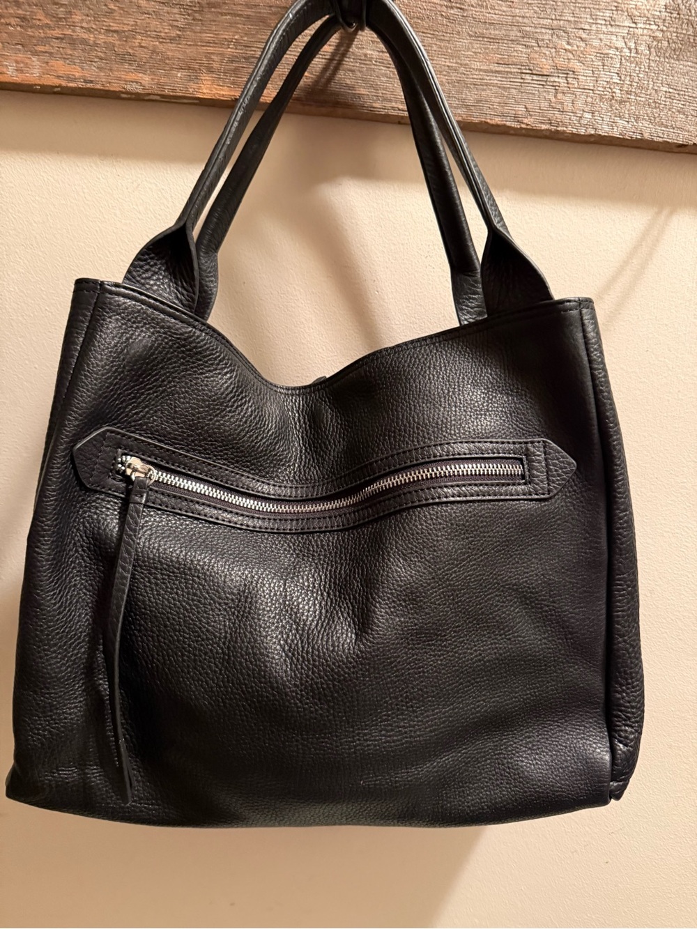 Margot New York Black Pebbled Leather Tote Shoulder Bag Double Strap Zip Pocket
